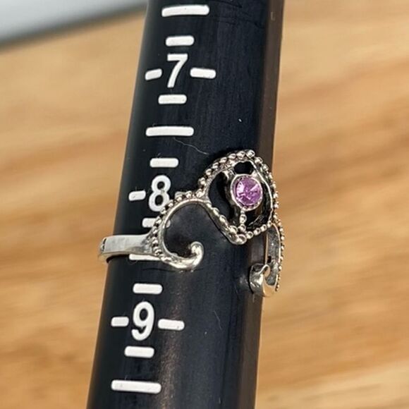 Studded Texture Embracing Lilac Purple Rhinestone Ring, Antiqued Silver Tone 8.5 - Picture 5 of 5